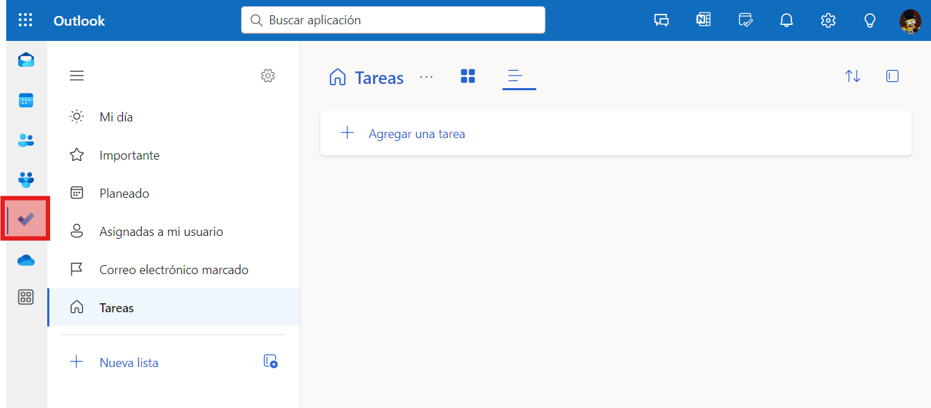 Pantalla principal de Tareas de Outlook